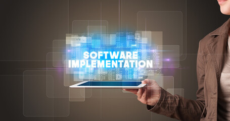 Person holding tablet, technology concept