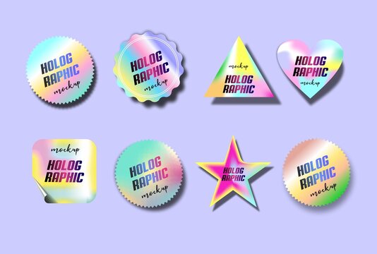 Holographic stickers and logos. Color fluorescent labels. Mockup of galactic, space mockups. Paper stickers. Cosmic iridescence of stickers. Rainbow tags. Vector