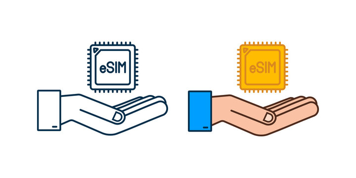 eSIM Embedded SIM card with hands icon symbol concept. new chip mobile cellular communication technology. Vector stock illustration.