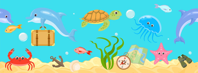 Naklejka na ściany i meble Underwater sea life seamless banner. Undersea landscape with cute dolphins, funny crab, fish, jellyfish, turtle, starfish and travel stuff. Vector cartoon illustration of ocean animals and fish.