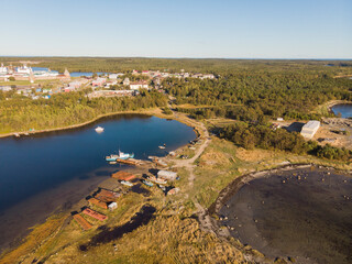 Fototapeta na wymiar View of the village of Solovetsky and the Solovetsky Monastery. Russia, Arkhangelsk region