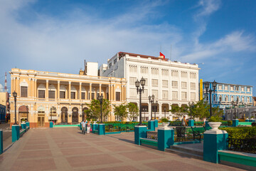 Naklejka premium View of Cespedes Park and the buildings on the east side of the square, Santiago de Cuba, Cuba