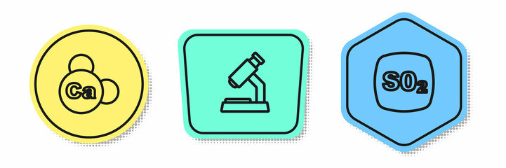 Set line Mineral Ca Calcium, Microscope and Sulfur dioxide SO2. Colored shapes. Vector