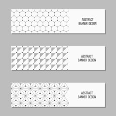 Set of 3 abstract vector banner templates. Banners with geometric shapes, stripess, hexagons, triangles. Place for text. Black and white colors. Vector illustration.