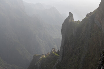 Fototapeta na wymiar Foggy morning in mountains, Madeira highlands