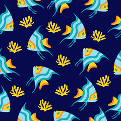 Fototapeta na wymiar Seamless pattern with cute cartoon exotic fish and coral.
