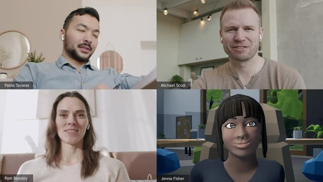 Female using her metaverse avatar for video conference call with her colleagues, discussing project. Future of business meetings in virtual reality