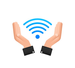 Free wifi zone blue sign in hands icon. Free wifi here sign concept. Vector illustration.