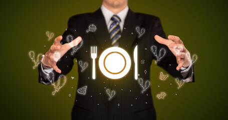 Fototapeta na wymiar Hand holding food related icons