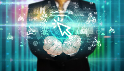 Businessman holding technology icon concept
