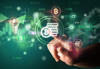 Business person hand pushing currency symbol on multimedia touch screen