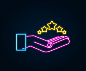 Neon five golden rating star in hands on dark background. Vector stock illustration.