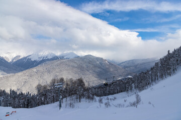 Fototapeta na wymiar Beautiful winter landscape with snow covered trees and mountains peaks. Caucasus mountain view from Roza Khutor