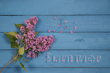 A branch of lilac on a blue wooden background and the inscription Summer.