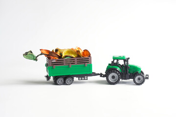 Green toy tractor with a trailer takes out dry fallen autumn leaves. Toy world. Agricultural work....