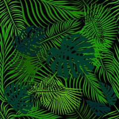 Naklejka na ściany i meble Seamless green background palm leaves. Vector illustration