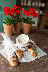Fresh bread on wooden table. Eco house