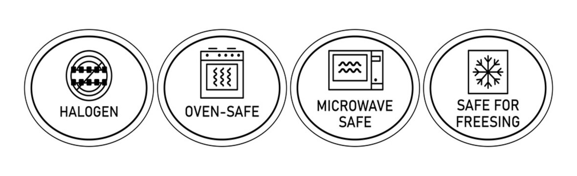 Icons: halogen , microwave safe,safe for freesing, oven-safe . Induction purpose for stoves and ovens. To indicate the surface of the dishes. Vector illustration isolated on white background