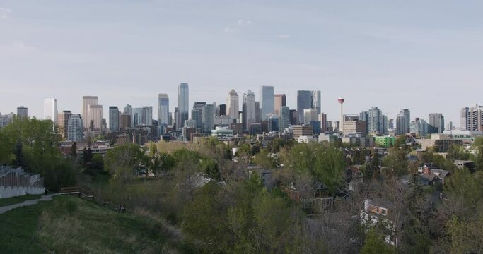 Wide Calgary Downtown Skyline with Calgary Tower, Establishing View of Calgary Alberta, Canada
