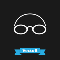 White Glasses and cap for swimming icon isolated on black background. Swimming cap and goggles. Diving underwater equipment. Vector