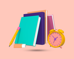 Fototapeta na wymiar Education 3D icon. Books pencil eraser clock 3D symbol isolated. Education and study school concept. Study on time. 3D Rendered Illustration.