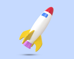 Spaceship rocket launch 3d icon. Flying rocket Shuttle. Rocket launching from the ground. 3D Rendered Illustration.