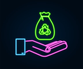 Neon garbage bag in hands icon. Trash bag. Vector stock illustration.