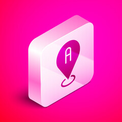 Isometric Map pin icon isolated on pink background. Navigation, pointer, location, map, gps, direction, place, compass, search concept. Silver square button. Vector