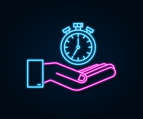 Timer neon icon in hands on dark background. Flat icon with timer. Business concept. Isolated vector sign symbol. Watch, time icon, clock.