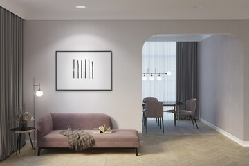 A cozy room with a backlit horizontal poster over a pink couch, a floor lamp and flowers in a vase on a coffee table next to the gray curtains, and an arch overlooking the dining room. 3d render