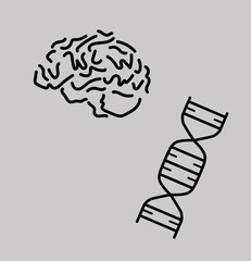brain and DNA structure, vector isolated on grey background. Black line art icon design