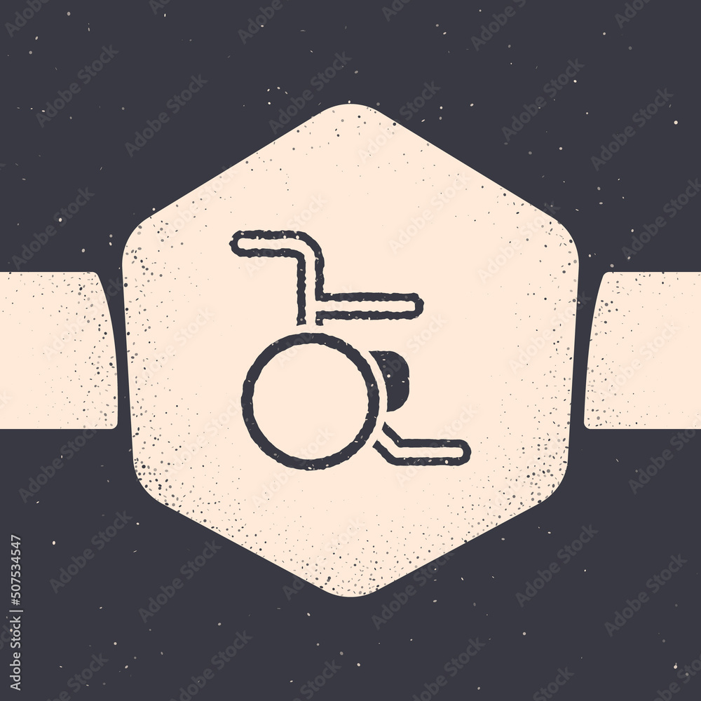 Poster Grunge Wheelchair for disabled person icon isolated on grey background. Monochrome vintage drawing. Vector