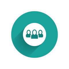 White Project team base icon isolated with long shadow background. Business analysis and planning, consulting, team work, project management. Green circle button. Vector