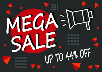 Mega sale 44% off. Up to 44% percent banner for sales and promotion with megaphone.