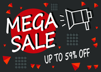 Mega sale 59% off. Up to 59% percent banner for sales and promotion with megaphone.
