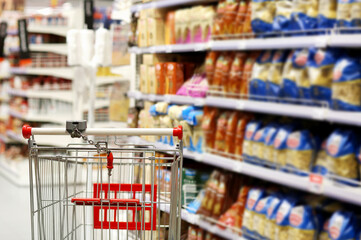 choosing a dairy products at supermarket.empty grocery cart in an empty supermarket