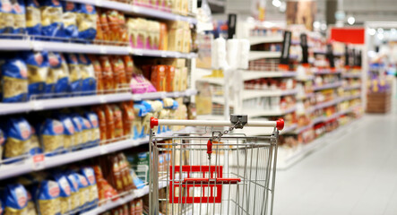 choosing a dairy products at supermarket.empty grocery cart in an empty supermarket