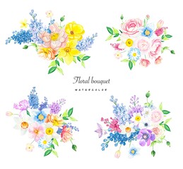 Watercolor set of floral arrangements of summer flowers ,perfect for greeting cards,wedding invitation. Isolated on white background
