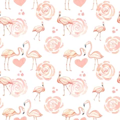 Papier Peint photo Flamingo Tropical seamless pattern with flamingos and flowers.Watercolor  illustration
