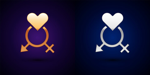 Gold and silver Gender icon isolated on black background. Symbols of men and women. Sex symbol. Vector