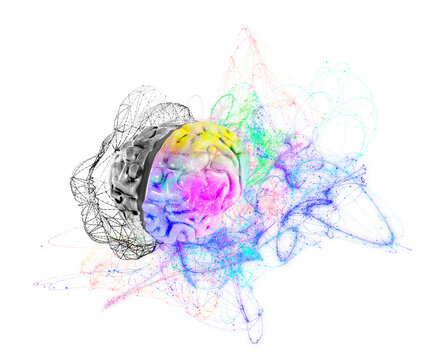 A human brain with the left and right cerebral hemispheres. A colorful energy field showing the lateralization of brain functions, creativity and logical thinking. 3d graphic on white background.