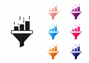 Black Sales funnel with chart for marketing and startup business icon isolated on white background. Infographic template. Set icons colorful. Vector