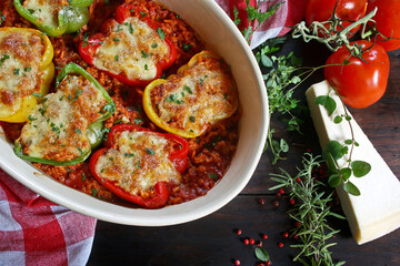 Stuffed paprika with meat, rice, vegetables and cheese