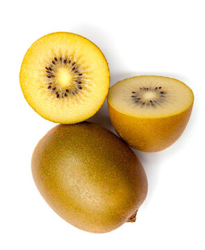 Whole and a half yellow or gold kiwi