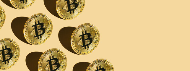 Banner made of Bitcoin pattern on beige background with copy space for Design