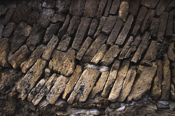 Brick brown Wall. Rock pile. Rock background. Rock texture. Stone background. Paint spots. Rock surface with cracks. Grunge Rough structure. Abstract texture.
