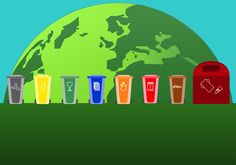 Contenedores de reciclaje, gris, amarillo, verde, azul, naranja, rojo, marrón y de ropa y calzado, de basura, plástico, vidrio, papel, aceite, orgánico, residuos peligrosos y de ropa y calzado © Gabrieuskal