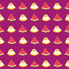 A seamless pattern of pieces of melon and watermelon on a dark purple background. Summer fruit pattern. Vector illustration