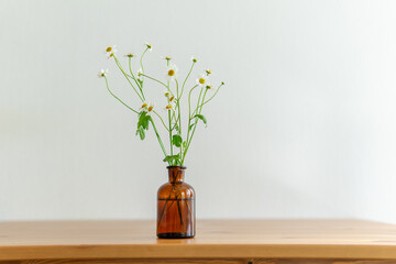 
daisies in a vase on a wooden table.