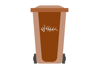 Contenedor marrón de residuos orgánicos. Raspa de pescado sobre contenedor de orgánicos